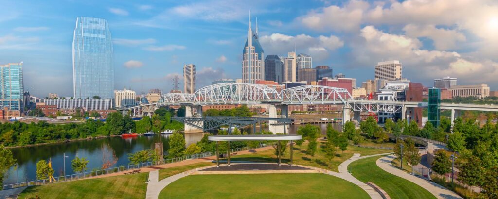 View of downtown Nashville skyline from across the Cumberland River at sunset