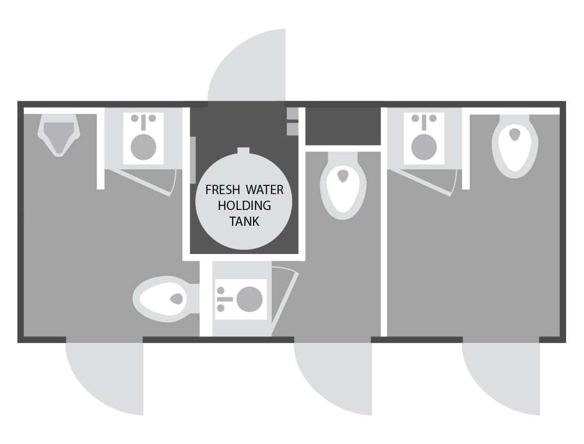 3-stall portable restroom trailer floor plan for Nashville, TN rentals